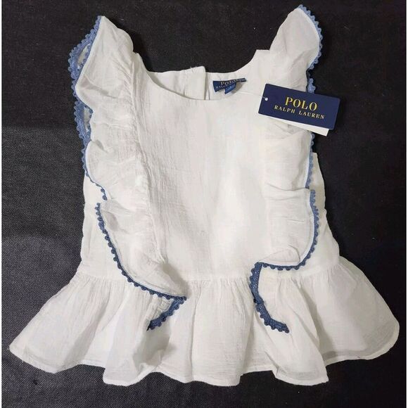 Polo Ralph Lauren Other - Polo Ralph Lauren 100% White Cotton Gauze Lined Blue Ruffle Shirt Girls Size 5